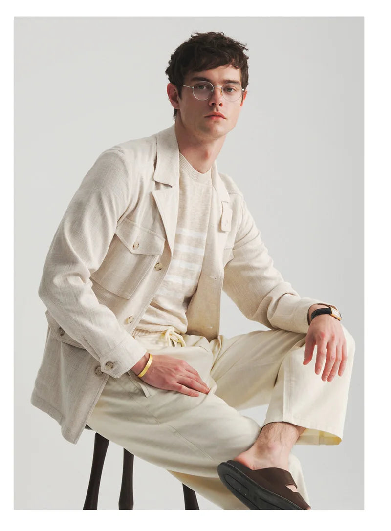 Fengbaoyu Natural Linen Men's Coat American Casual Shirt Retro Style Comfortable Men's Clothing Spring-Autumn
