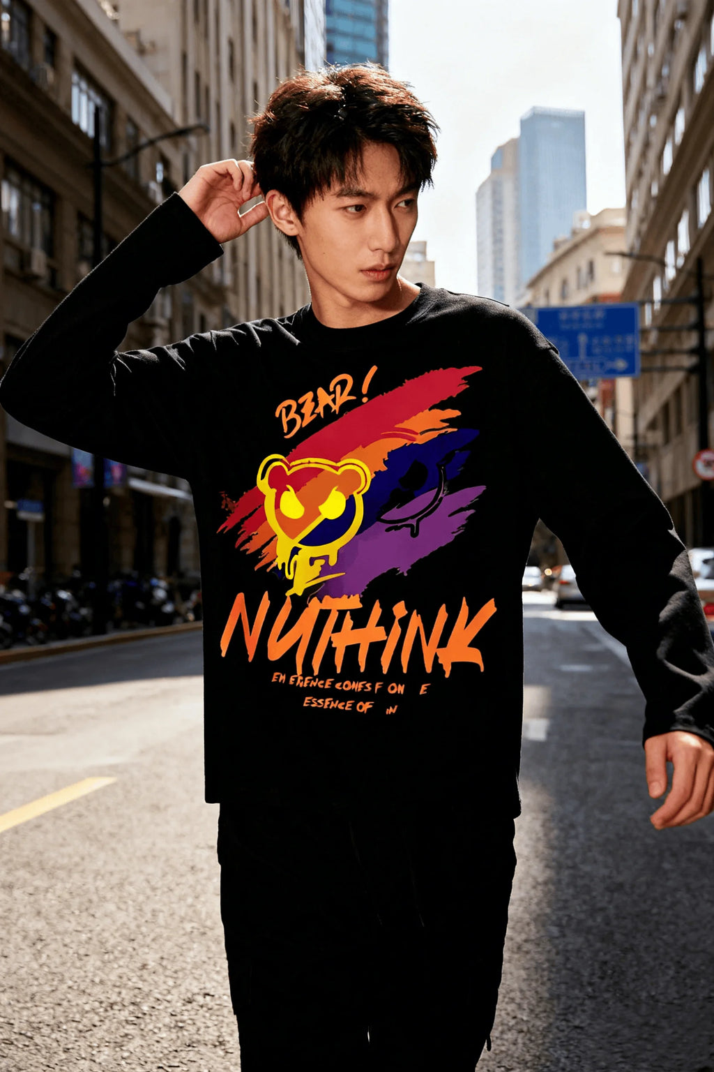 New unisex T-shirt, high street style gradient paint bear print long sleeve, casual short sleeve couple T-shirt