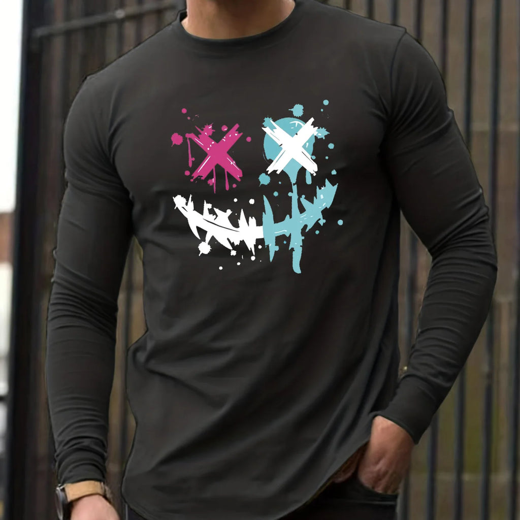 100% pure cotton men's long sleeved round neck loose smiling face pattern printed spring and autumn casual versatile T-shirt top