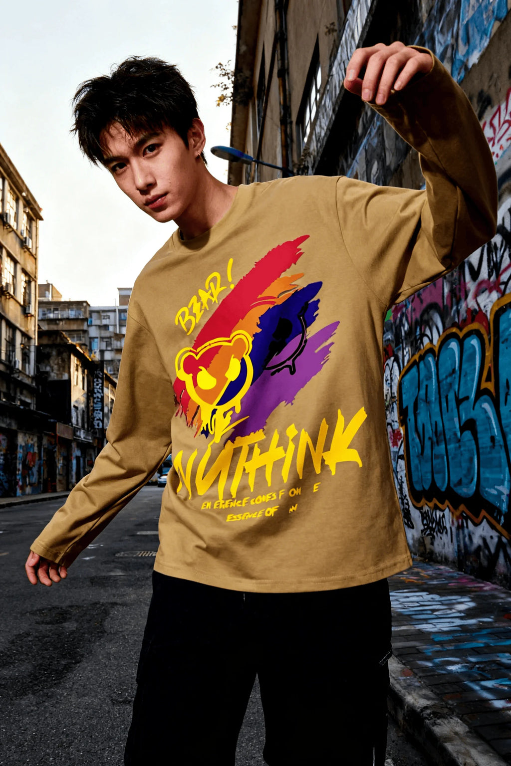 New unisex T-shirt, high street style gradient paint bear print long sleeve, casual short sleeve couple T-shirt