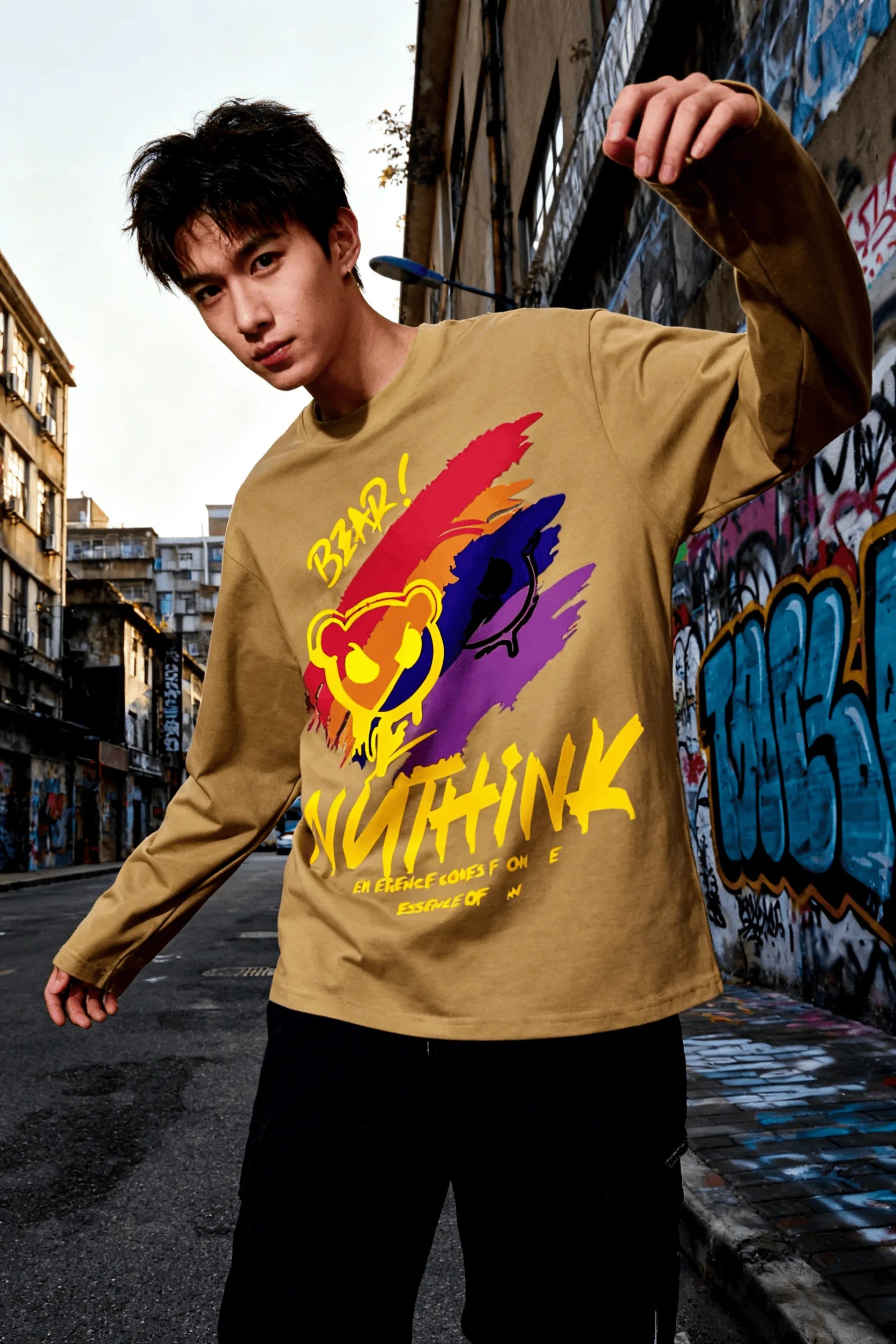 New unisex T-shirt, high street style gradient paint bear print long sleeve, casual short sleeve couple T-shirt