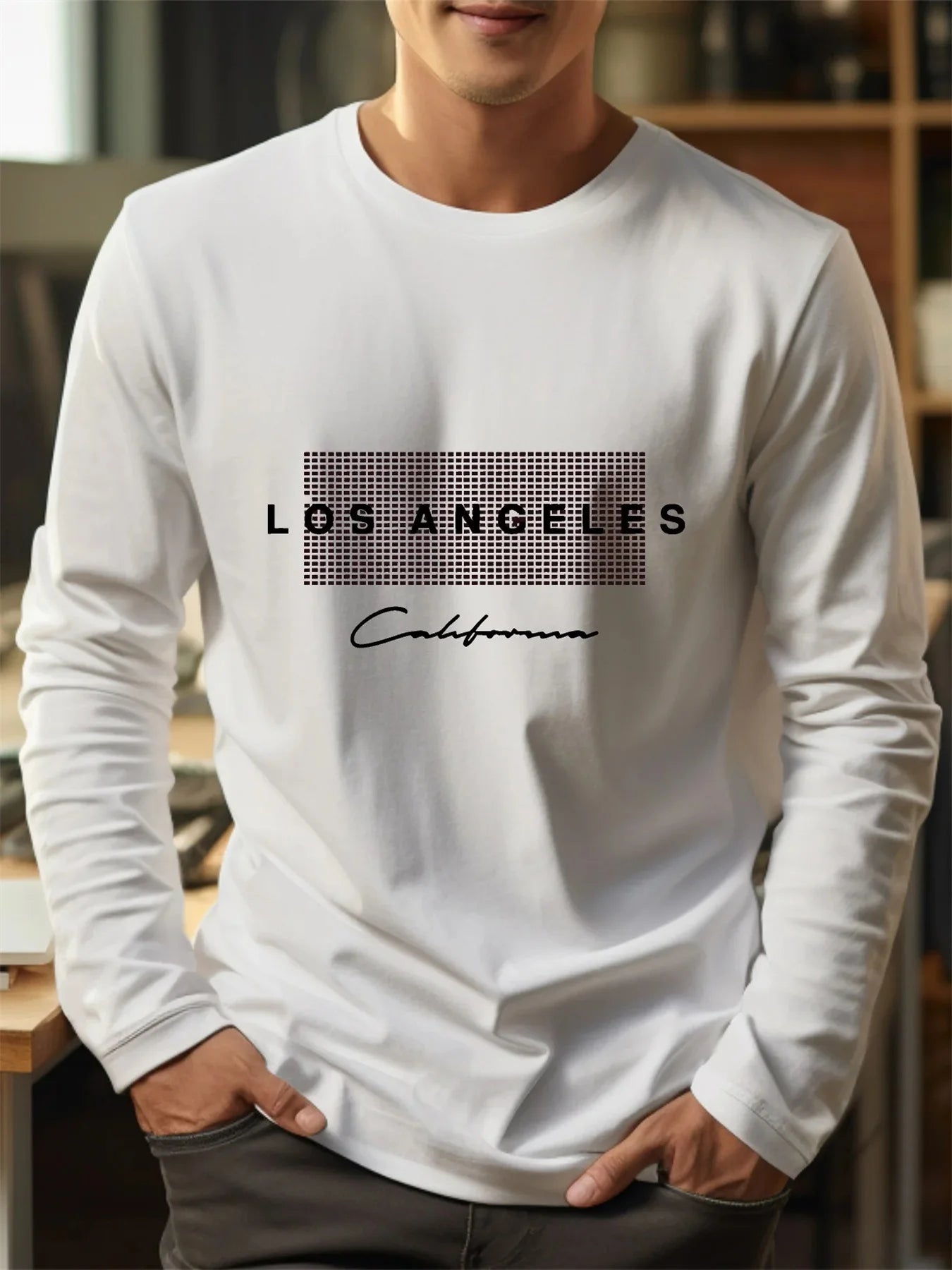 100% pure cotton men's long sleeved round neck loose casual Los Angeles letter printed spring and autumn versatile T-shirt top