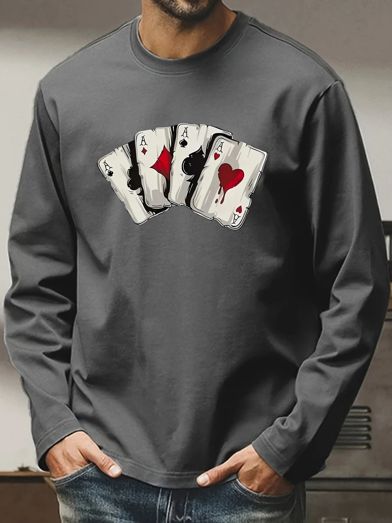 100 cotton men's long sleeved round neck loose poker card pattern printed autumn and winter T-shirt top casual versatile