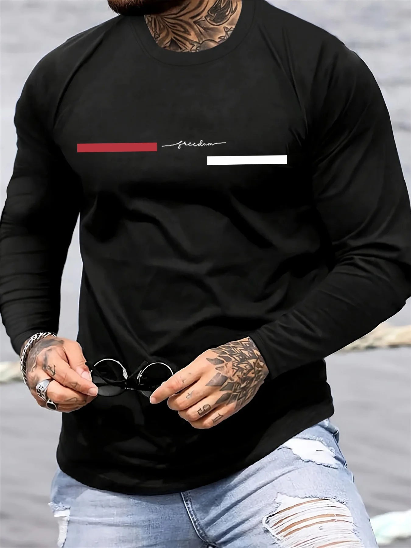100% pure cotton men's long sleeved round neck loose casual freedom letter pattern printed spring and autumn versatile T-shirt