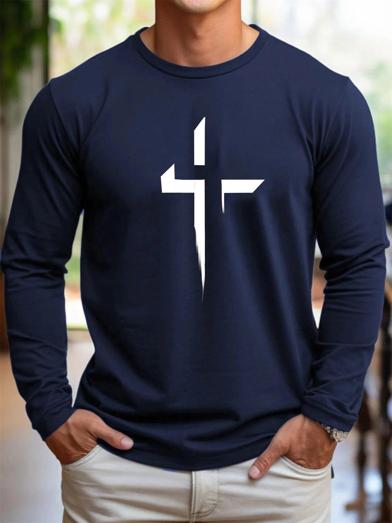 100% pure cotton men's long sleeved round neck loose casual cross pattern printed spring and autumn versatile T-shirt top