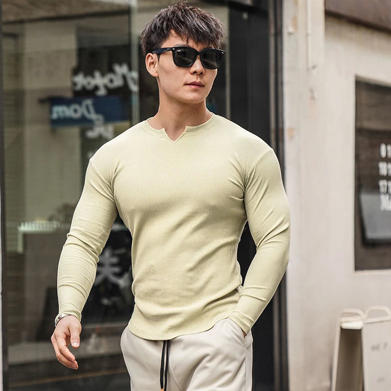 Men's Split O-Neck Long Sleeve T-Shirts Spring Autumn Simple Versatile Tight Pullover Tees Man Ribbed Breathable Sports T-Shirts