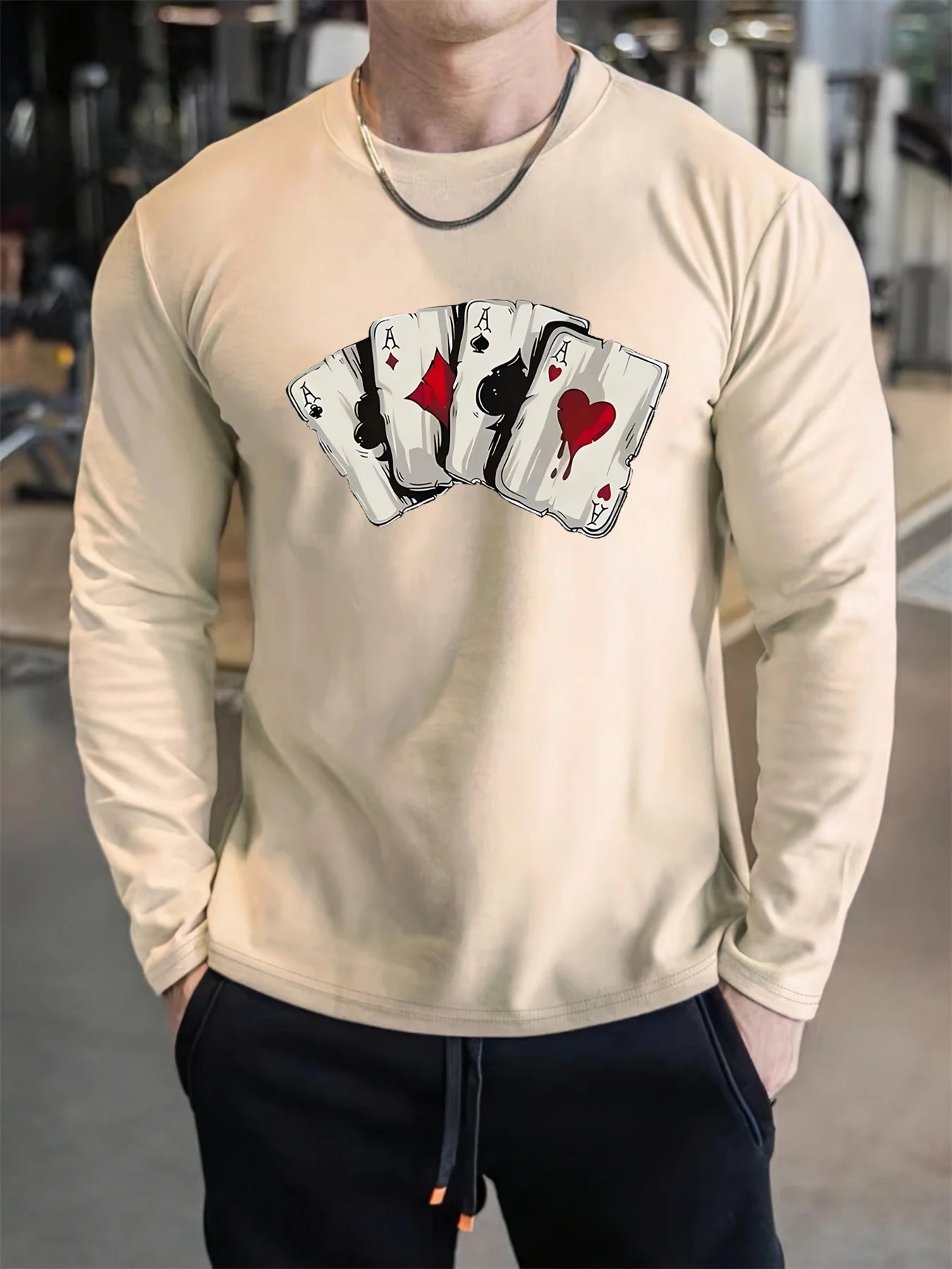 100 cotton men's long sleeved round neck loose poker card pattern printed autumn and winter T-shirt top casual versatile