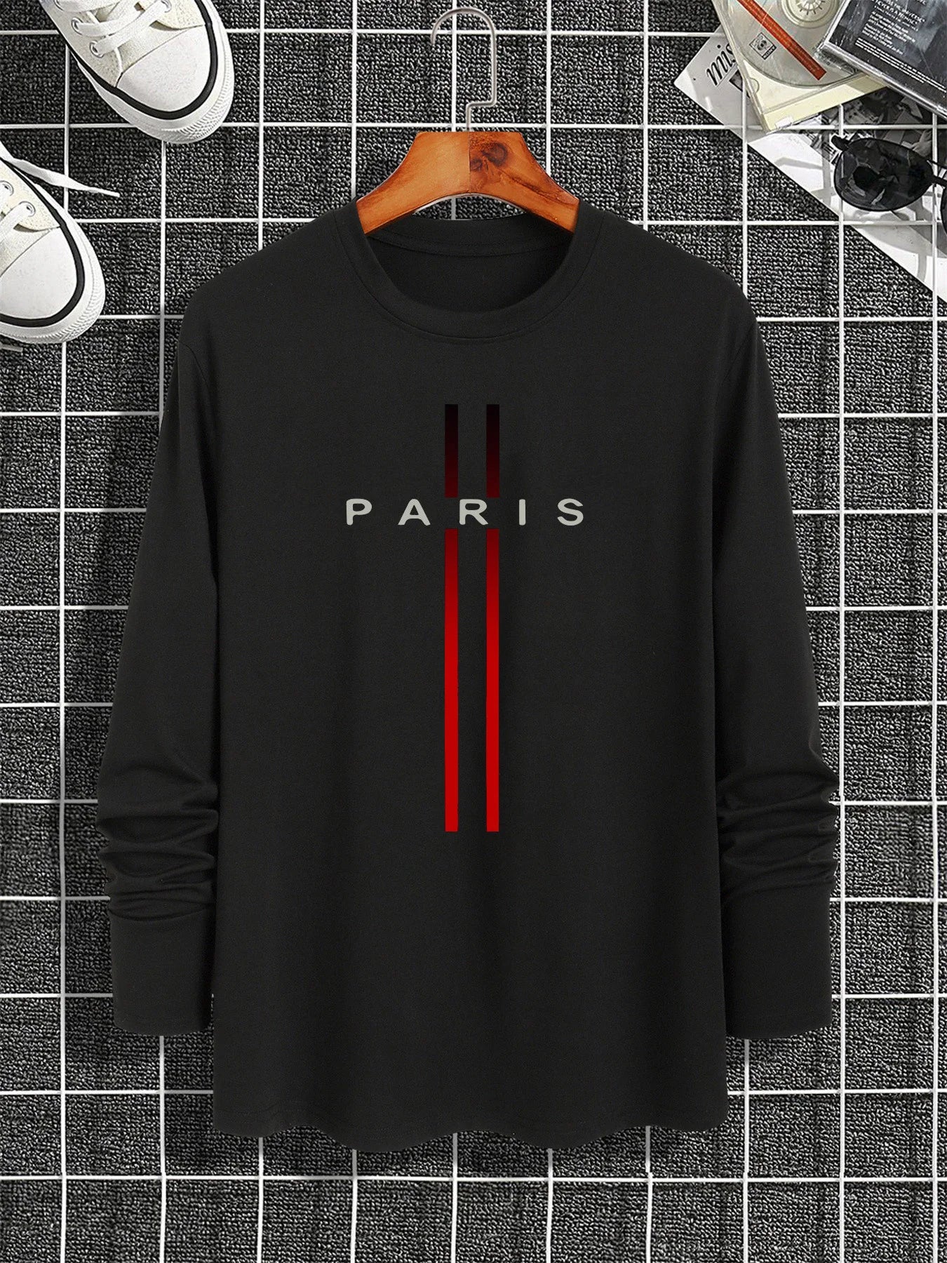 100% pure cotton men's long sleeved round neck loose casual Paris pattern printed spring and autumn versatile T-shirt top