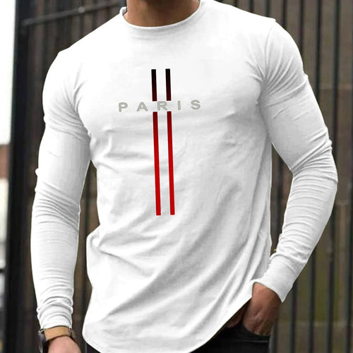 100% pure cotton men's long sleeved round neck loose casual Paris pattern printed spring and autumn versatile T-shirt top
