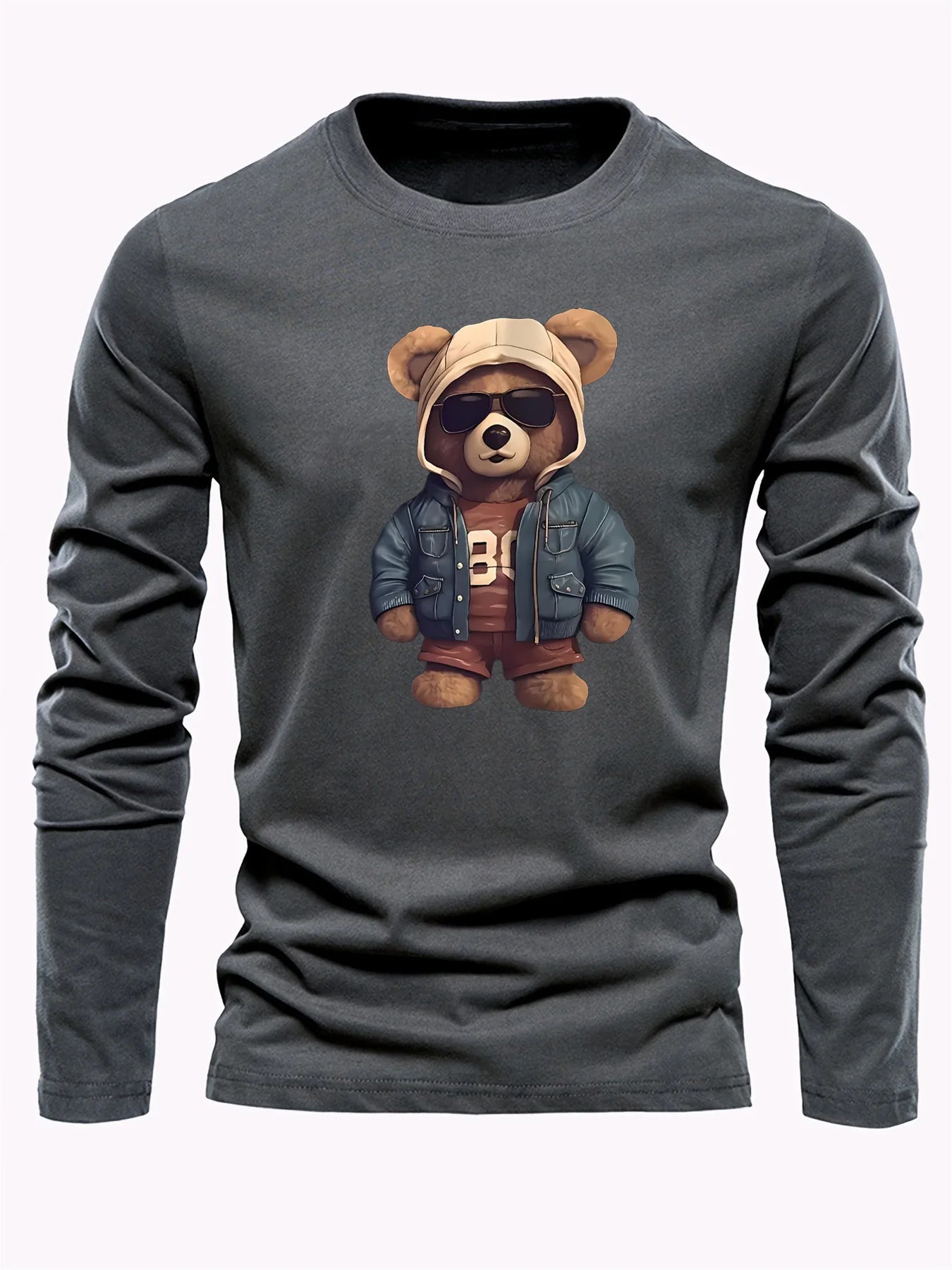 100 cotton men's casual long sleeved round neck loose bear pattern printed autumn and winter T-shirt top versatile