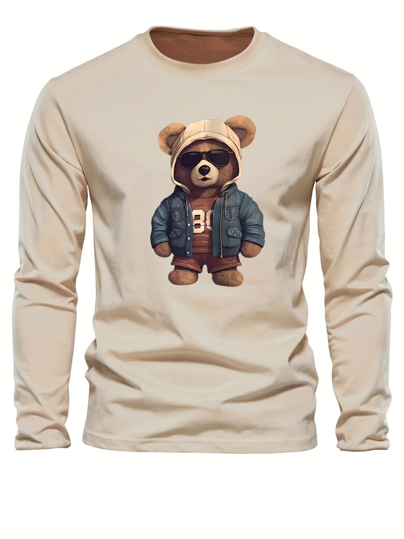 100 cotton men's casual long sleeved round neck loose bear pattern printed autumn and winter T-shirt top versatile