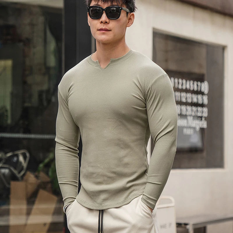 Men's Split O-Neck Long Sleeve T-Shirts Spring Autumn Simple Versatile Tight Pullover Tees Man Ribbed Breathable Sports T-Shirts