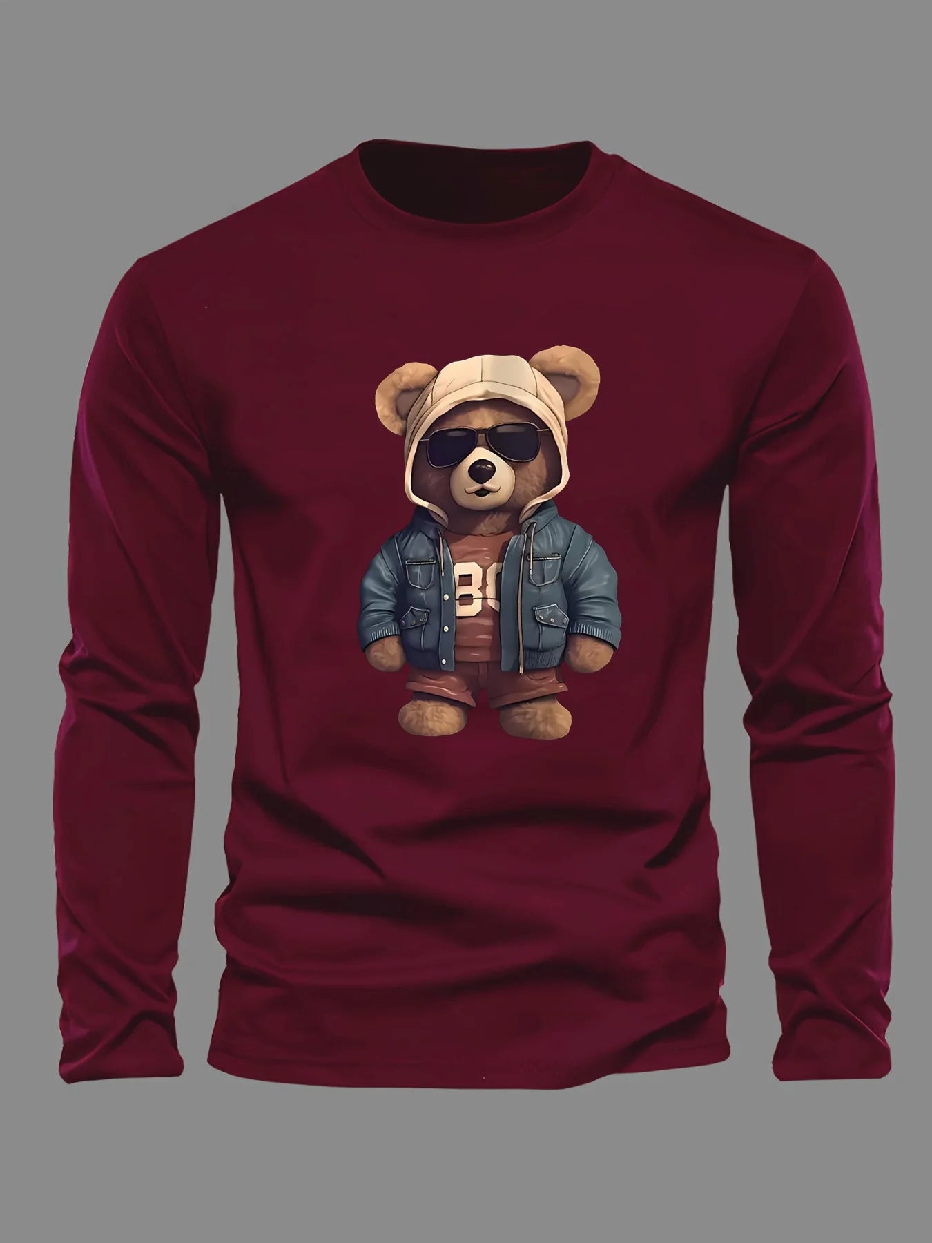 100 cotton men's casual long sleeved round neck loose bear pattern printed autumn and winter T-shirt top versatile