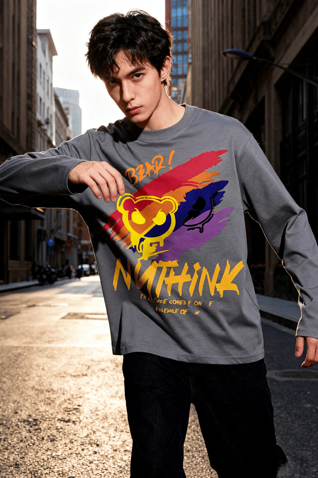 New unisex T-shirt, high street style gradient paint bear print long sleeve, casual short sleeve couple T-shirt