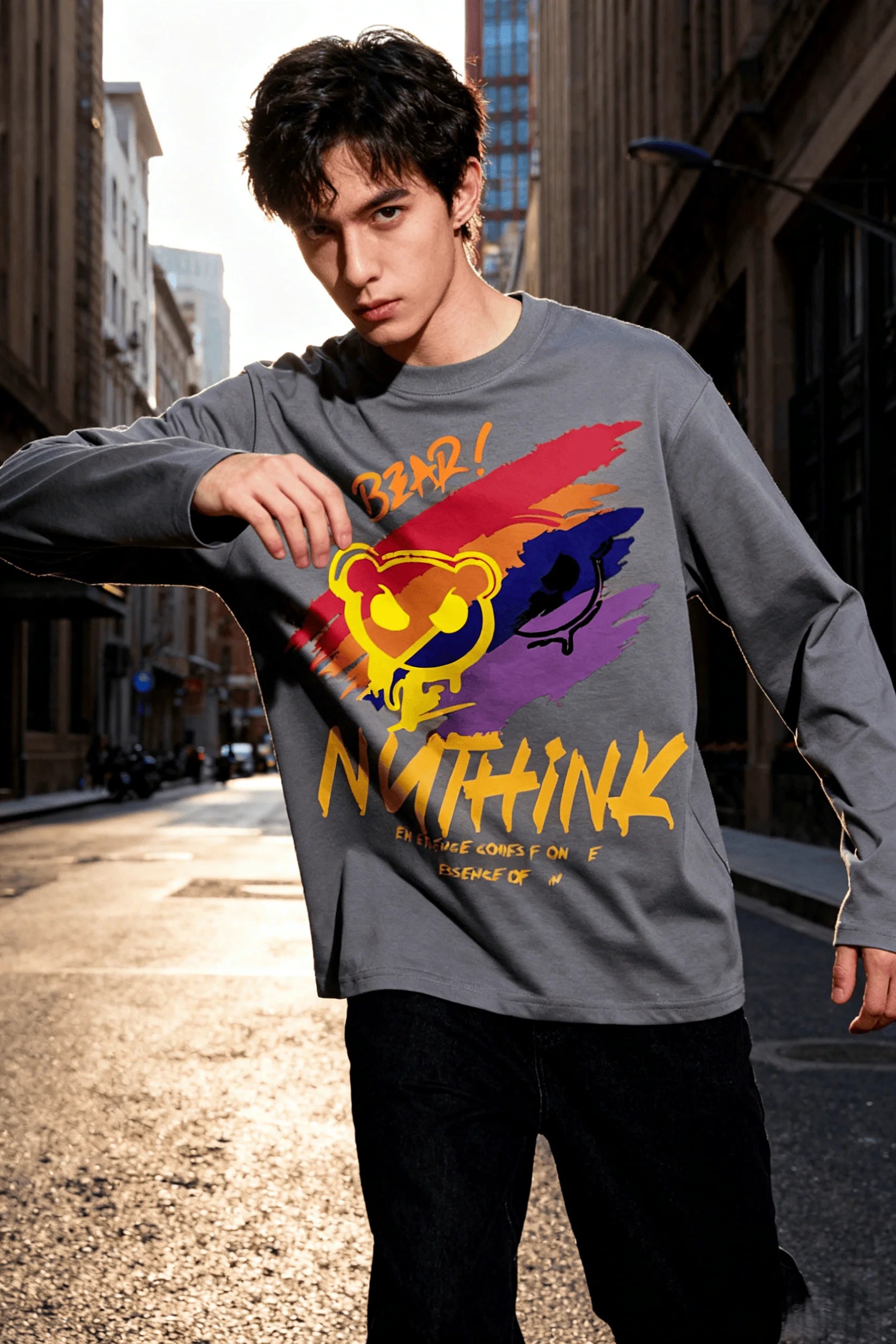 New unisex T-shirt, high street style gradient paint bear print long sleeve, casual short sleeve couple T-shirt