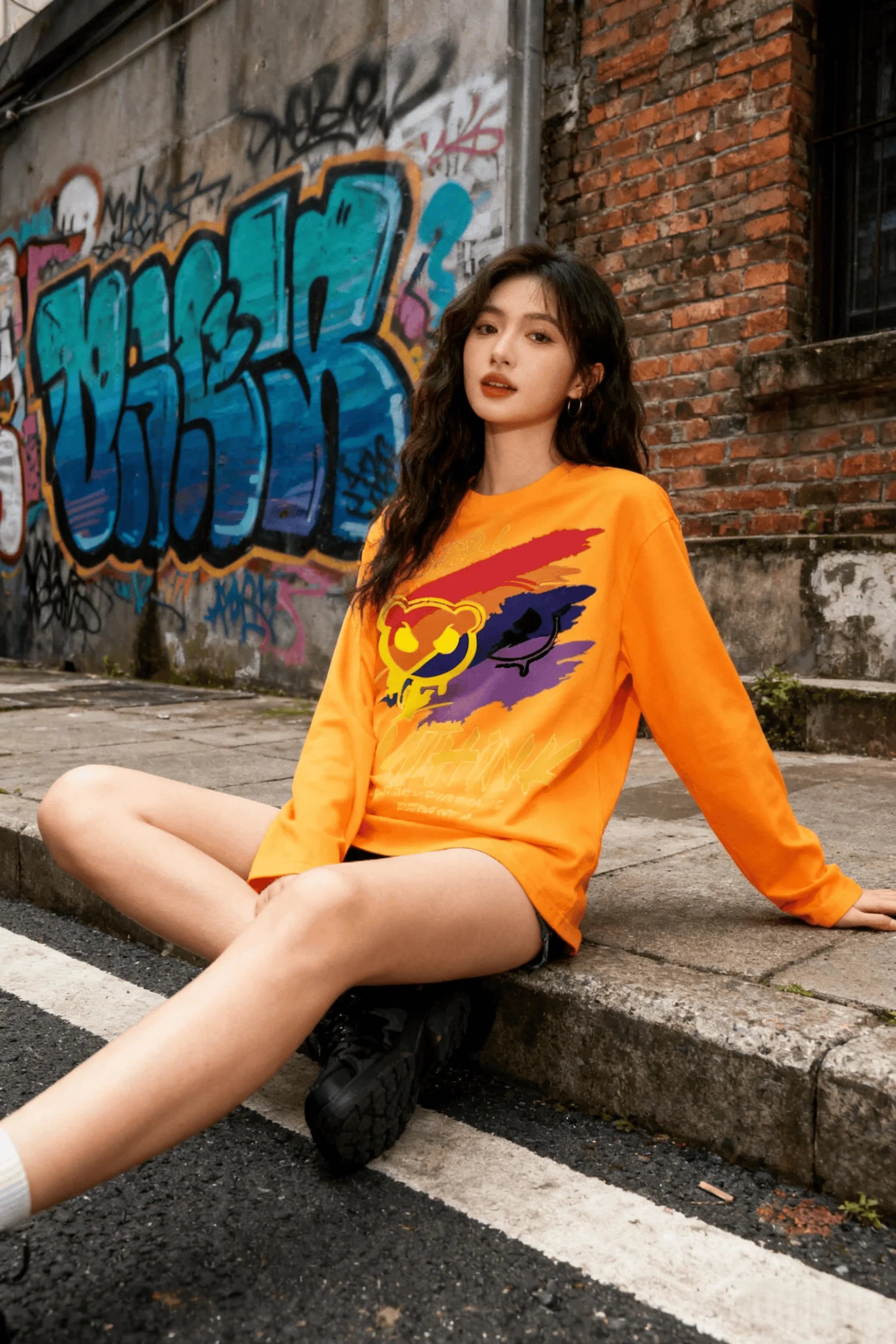 New unisex T-shirt, high street style gradient paint bear print long sleeve, casual short sleeve couple T-shirt