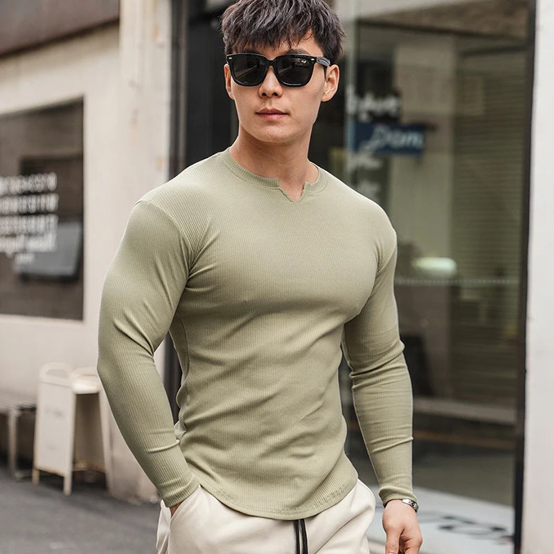 Men's Split O-Neck Long Sleeve T-Shirts Spring Autumn Simple Versatile Tight Pullover Tees Man Ribbed Breathable Sports T-Shirts