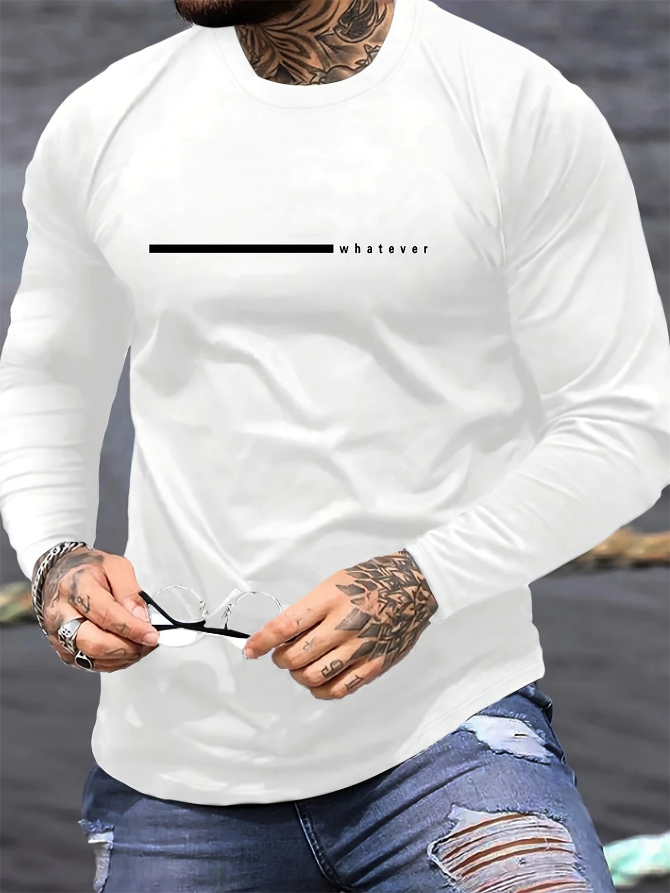 100% pure cotton men's long sleeved round neck loose casual whatever letter printed spring and autumn versatile T-shirt top