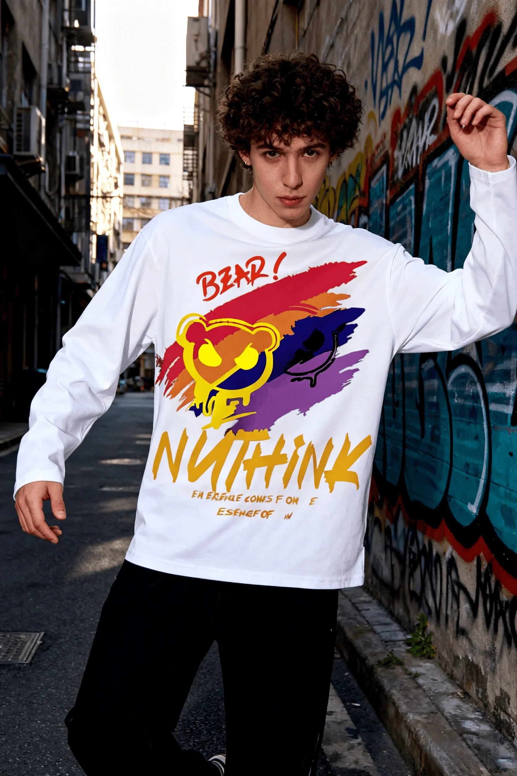 New unisex T-shirt, high street style gradient paint bear print long sleeve, casual short sleeve couple T-shirt