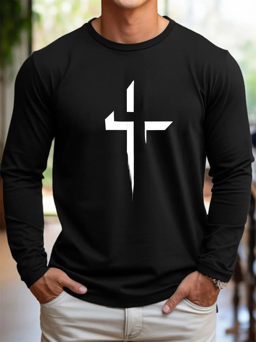 100% pure cotton men's long sleeved round neck loose casual cross pattern printed spring and autumn versatile T-shirt top