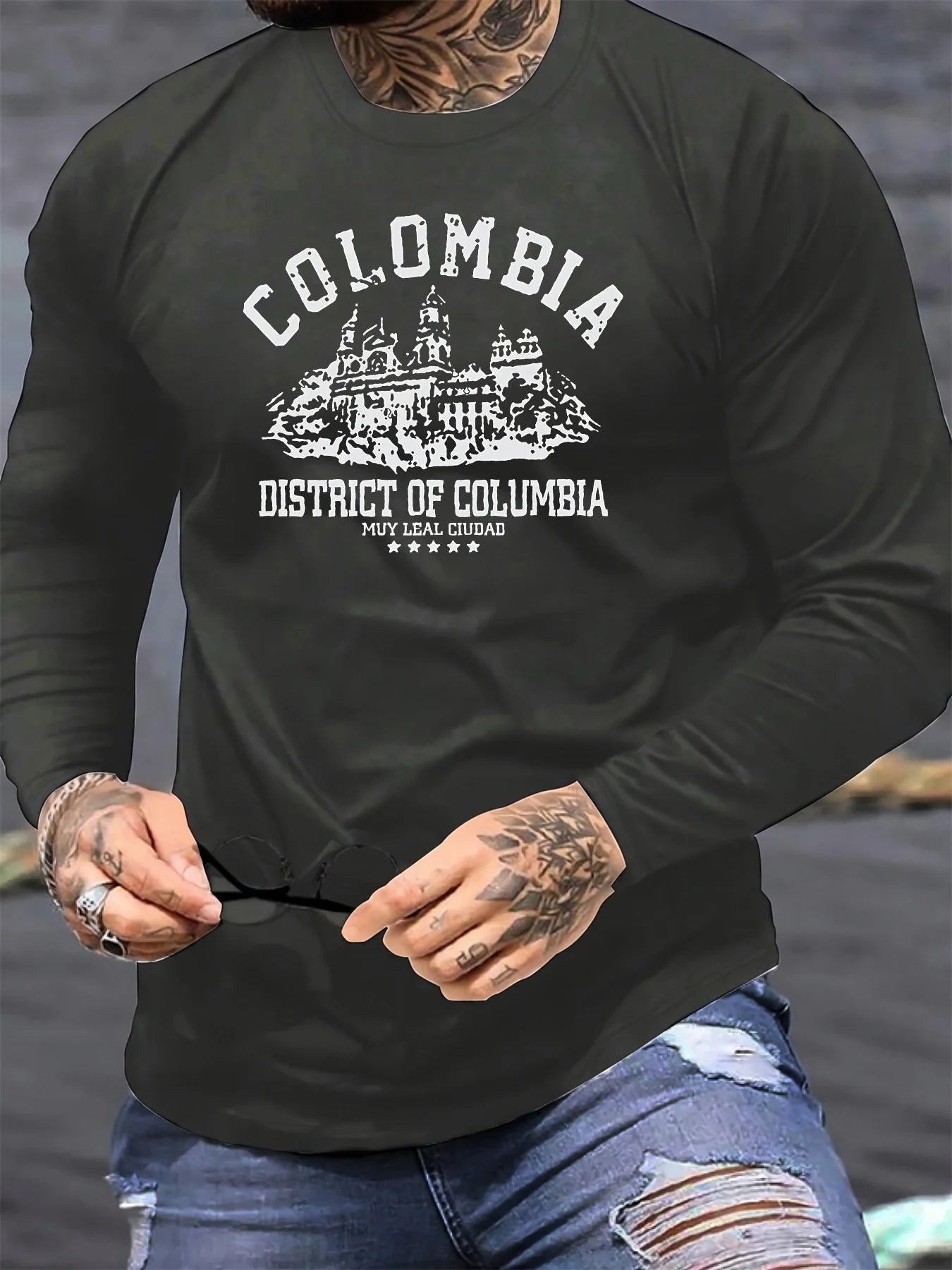 100% cotton men's long sleeved round neck loose Colombian architectural pattern print autumn/winter casual versatile T-shirt top