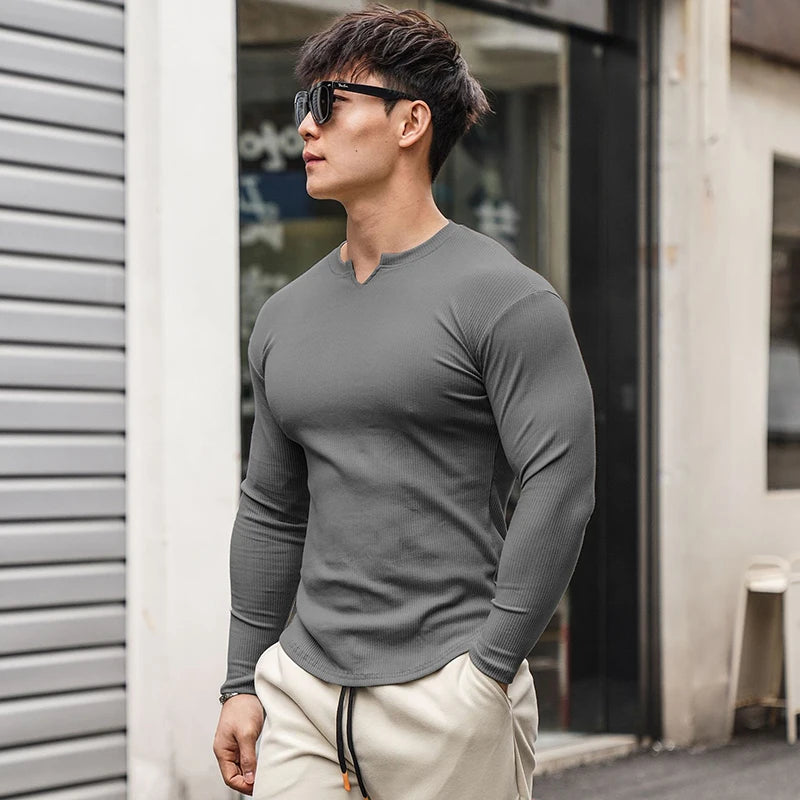 Men's Split O-Neck Long Sleeve T-Shirts Spring Autumn Simple Versatile Tight Pullover Tees Man Ribbed Breathable Sports T-Shirts